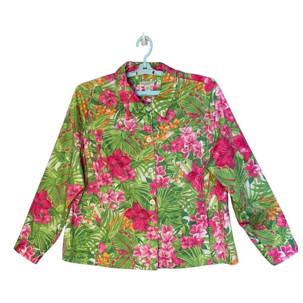 Appleseeds Floral Jacket 22W Green & Pink Button Up Pockets Island Hawaiian Girl